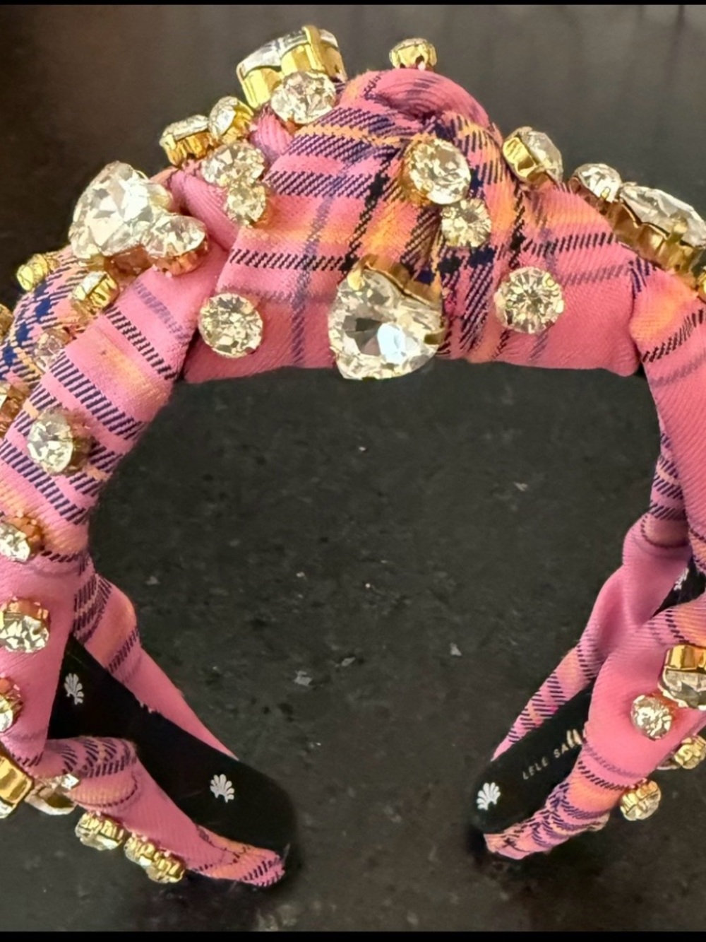 Lele Sadoughi Pink and Gold Plaid Jeweled Padded Headband - Picture 4 of 4